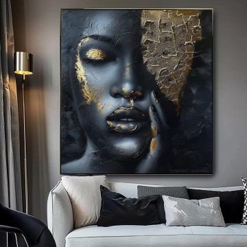  Original Art - Custom Black Portrait Painting in Gold Oil Acrylic original woman art